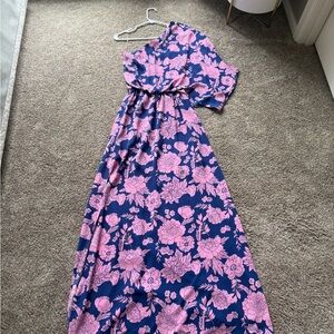 Pink Lily Navy Blue and Pink Floral One-Shoulder Maxi Dress